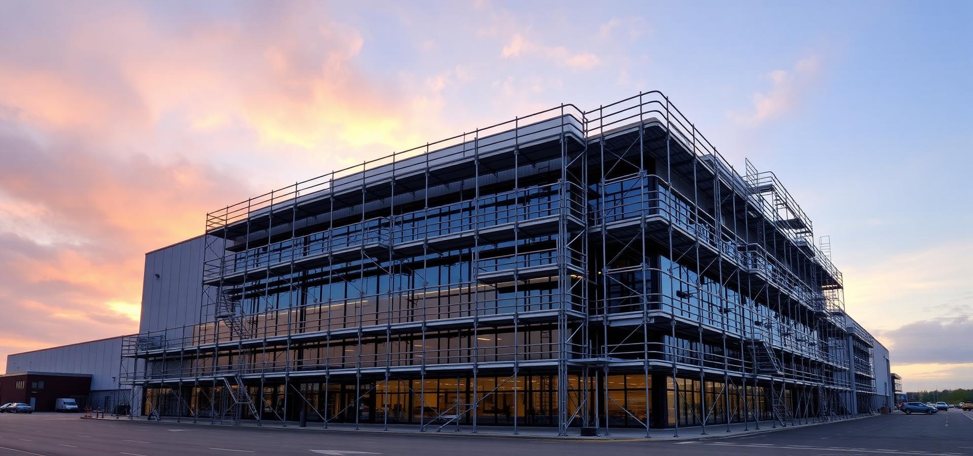 Completed commercial building surrounded by professionally installed scaffolding