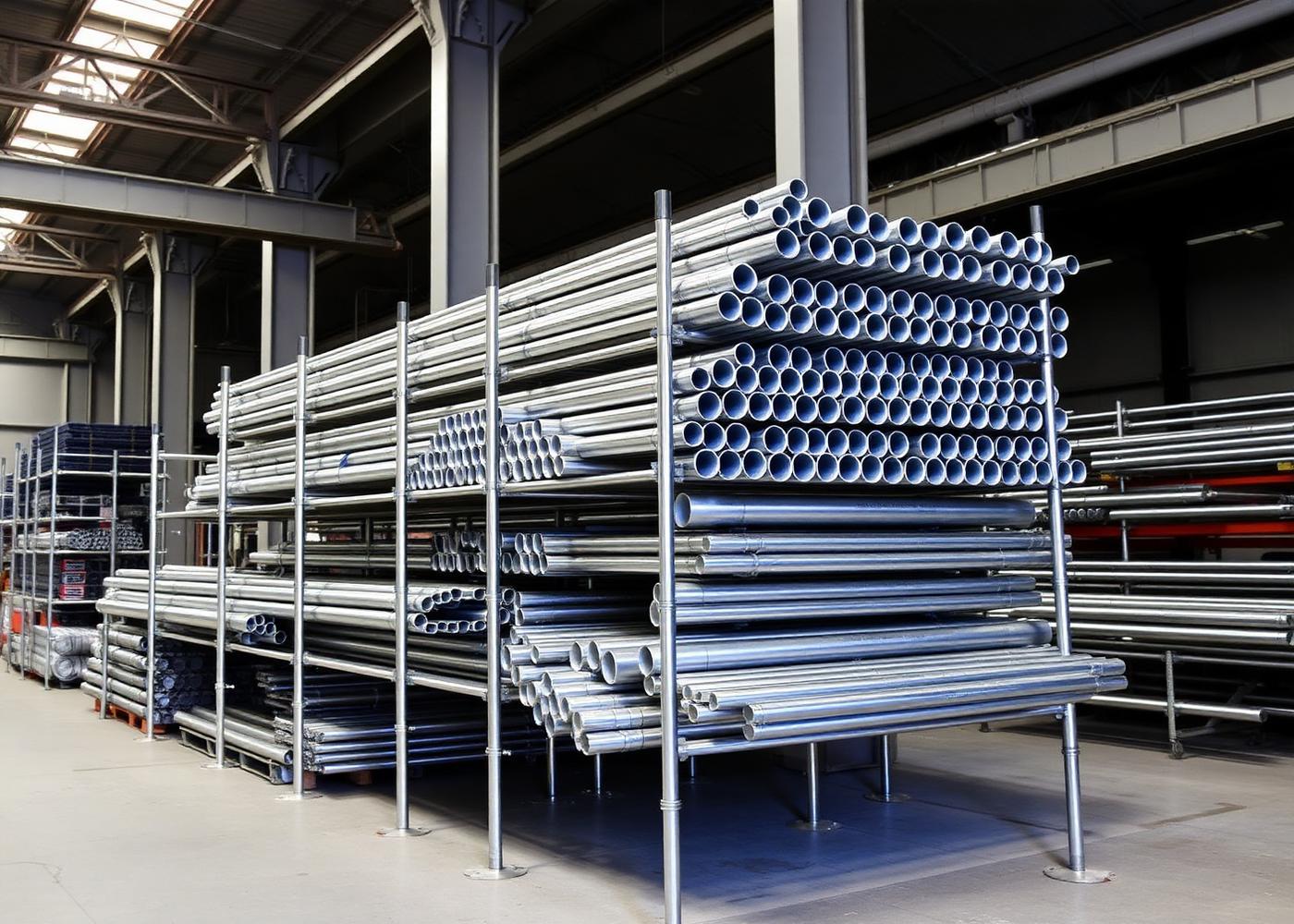 Stacked galvanized scaffolding components in a warehouse